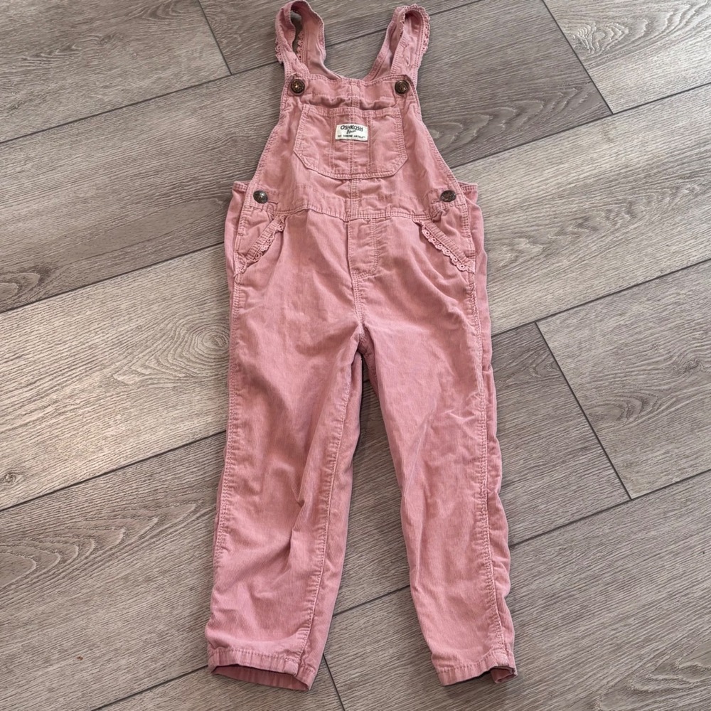 OshKosh B'gosh Corduroy Overalls Girls 4T Pink Lace Trim Bib Jumpsuit Vestbak
